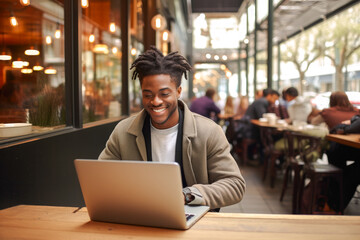 Fototapeta premium African American man working on a laptop computer in a busy cafe, a portrait of a successful person
