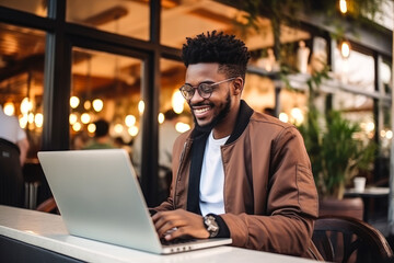 African American man working on a laptop computer in a busy cafe, a portrait of a successful person
