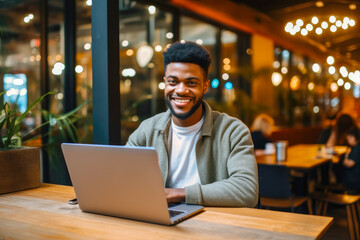 African American man working on a laptop computer in a busy cafe, a portrait of a successful person