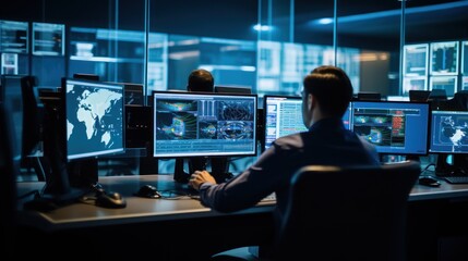 Obraz premium Network operations center ( NOC) with technicians monitoring network traffic, troubleshooting issues, and ensuring network performance