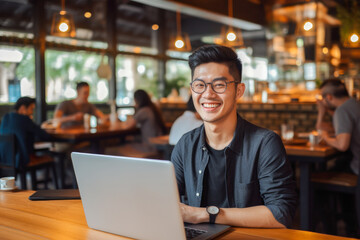 Asian man working on a laptop computer in a busy cafe in the city, a portrait of a successful man