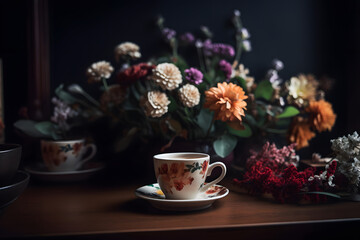cup of coffee and flowers on the table, neural network generated photorealistic image