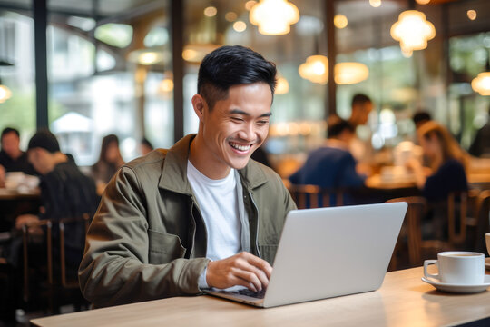 Asian Man Working On A Laptop Computer In A Busy Cafe In The City, A Portrait Of A Successful Man