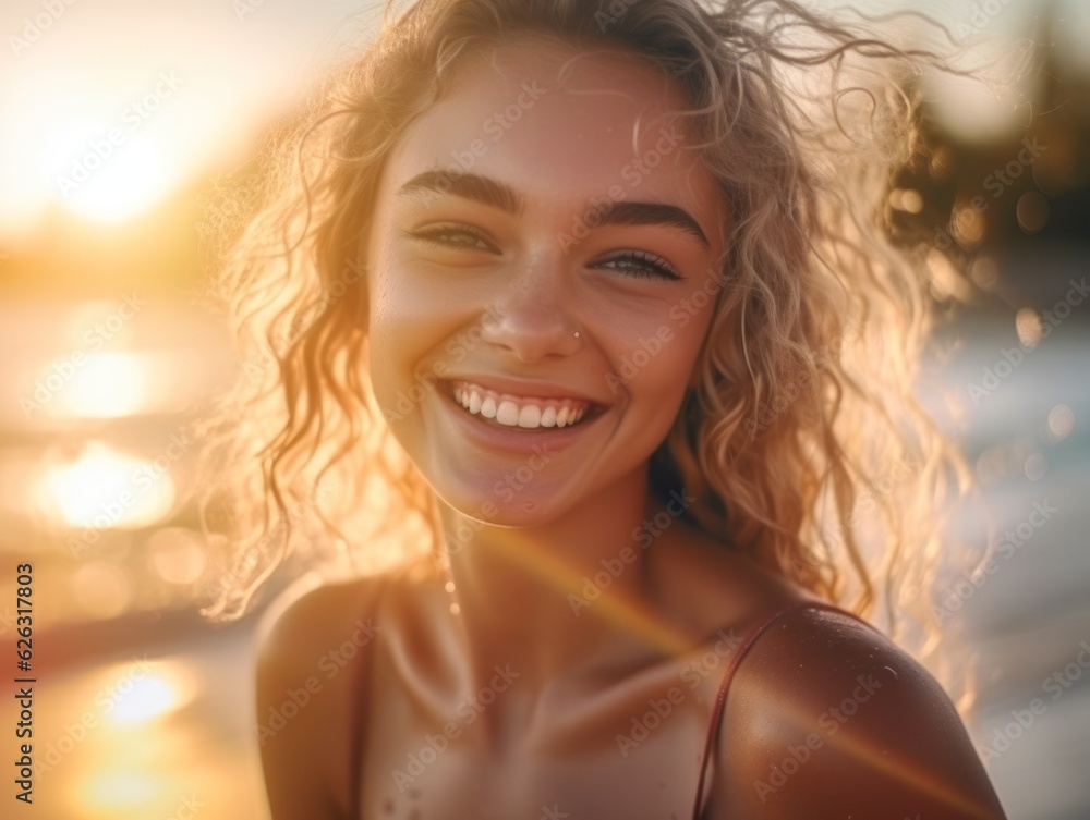 Wall mural Happy woman walking on beach. Beautiful fit body girl on travel vacation 