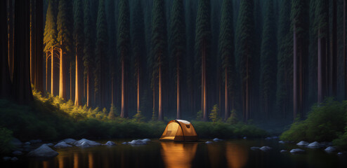 Tourist tent in the night forest, generative AI