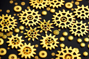 Abstract gold background, fantastic golden metal gears and cogs technology pattern wallpaper. Generative Ai.