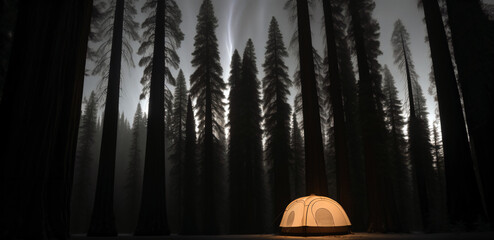 Tourist tent in the night forest, generative AI