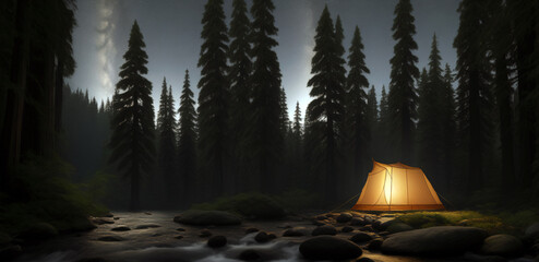 Tourist tent in the night forest, generative AI