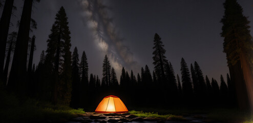 Tourist tent in the night forest, generative AI