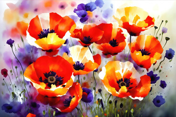Red poppies watercolor abstract background, poppies flowers artistic background. Generative AI.