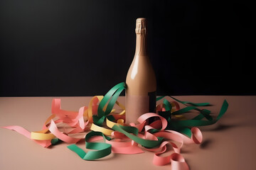 unopened pink bottle of champagne standing vertically on pink surface with black background surrounded with colorful ribbons, neural network generated photorealistic image