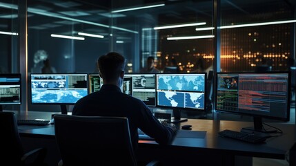 Network operations center ( NOC) with technicians monitoring network traffic, troubleshooting issues, and ensuring network performance