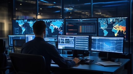 Network operations center ( NOC) with technicians monitoring network traffic, troubleshooting issues, and ensuring network performance