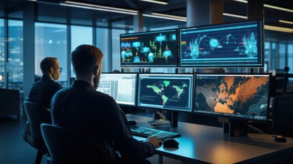 Network operations center ( NOC) with technicians monitoring network traffic, troubleshooting issues, and ensuring network performance