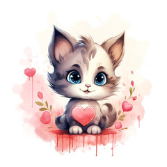 watercolor drawing of a kitten with a heart, Al Generation