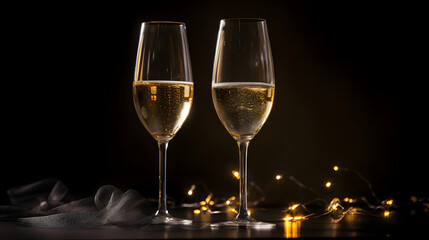 two glasses of champagne on table in dark environment, neural network generated photorealistic image