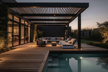 a lavish side outside garden at morning, with a teak hardwood deck and a black pergola. Scene in the evening with couches and lounge chairs by the pool, generative AI	
