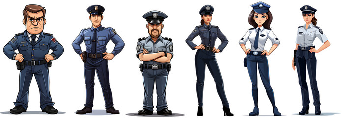 A male, female police officer cartoon clip art in transparent background cutout - Generative AI
