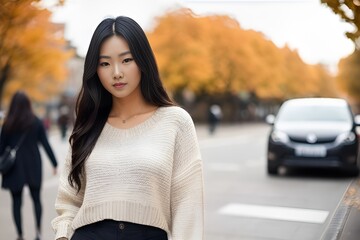 Fototapeta premium Portrait of an Asian woman with long hair in a warm sweater on the street in autumn yellow leaves