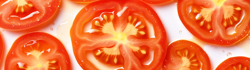 Banner with tomato slices on isolated white background. Generative AI