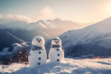 Winter Christmas - two happy snowman friends on snowy mountains at day light, neural network generated image