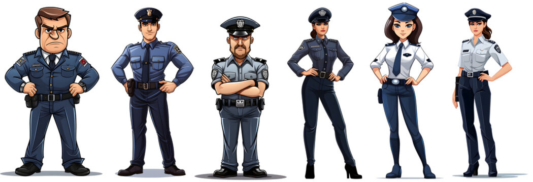 A male, female police officer cartoon clip art in transparent background cutout - Generative AI