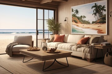 There is a beach scene painting in the living room. (Generative AI)