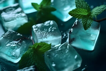 Ice cubes with fresh green mint leaves closeup on dark backgound, neural network generated image