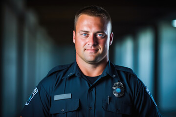 A portrait of proud and confident caucasian male police officer in uniform