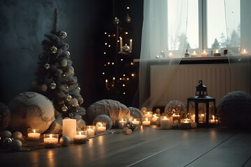 New Year interior decoration with candles and garlands, neural network generated photorealistic image