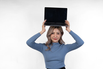 Image of a happy and confident young beautiful businesswoman standing isolated on white background holding laptop computer showing happy various virtues gestures Motivation with startup business work