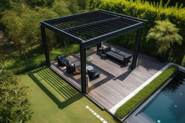 Modern black bio climatic pergola with top view on an outdoor patio. Teak wood flooring, a pool, and lounge chairs. green grass and trees in a garden, generative AI	
