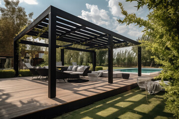 Modern black bio climatic pergola with top view on an outdoor patio. Teak wood flooring, a pool, and lounge chairs. green grass and trees in a garden, generative AI	
