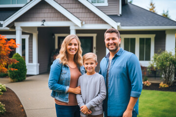 Family in front of newly purchased house, smiling proudly. Home ownership, real estate and a life goal accomplishment - obrazy, fototapety, plakaty