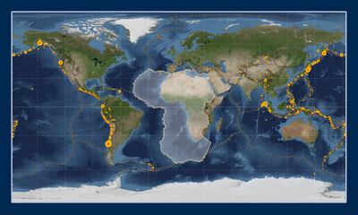 African tectonic plate. Satellite. Patterson Cylindrical. Earthquakes and boundaries