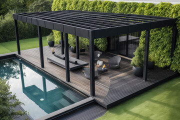 Modern black bio climatic pergola with top view on an outdoor patio. Teak wood flooring, a pool, and lounge chairs. green grass and trees in a garden, generative AI	
 - obrazy, fototapety, plakaty
