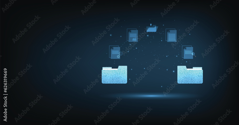 Poster Document management and Data transfer through cloud technology. Exchange data with modern internet technology on dark blue background. Files data system relocation concept. 