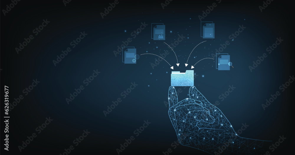 Poster document management system concept. document management information system icon on the hand. organiz