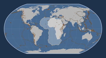 African tectonic plate. Contour. Robinson. Volcanoes and boundaries