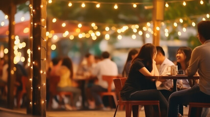 Night festival in the park. Blurred background with lights of garlands. Photorealistic illustration generative AI.	