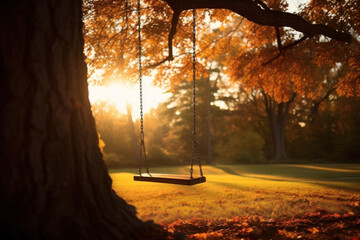 A wooden swing hangs on a tree in an autumn park.
