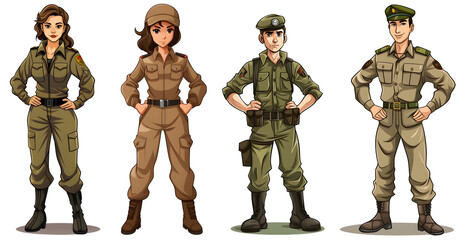 A male, female army soldier cartoon clip art in transparent background cutout - Generative AI