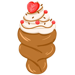 Cream horn with brown puff pastry, whipped cream, strawberries and chocolate. Look like ice cream cone. 