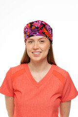 Beautiful girl doctor professional in work clothes on white background 