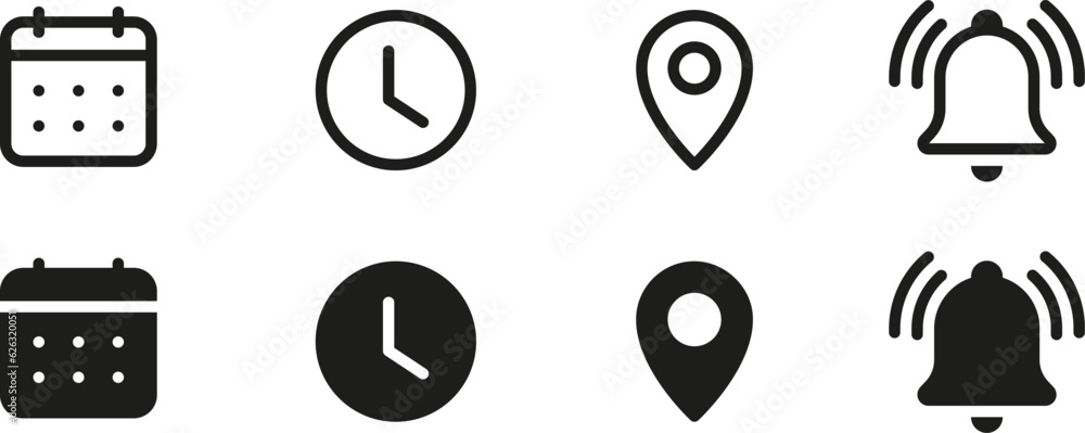 Aufkleber Address location icon. Notification bell icon. Stopwatch timer icon. Date Calendar icon - Web icons set