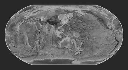 Amur tectonic plate. Grayscale. Robinson. Boundaries