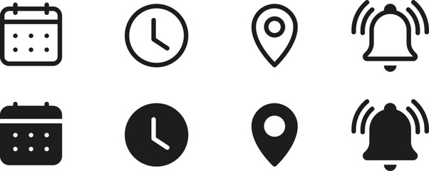 Address location icon. Notification bell icon. Stopwatch timer icon. Date Calendar icon - Web icons set - obrazy, fototapety, plakaty