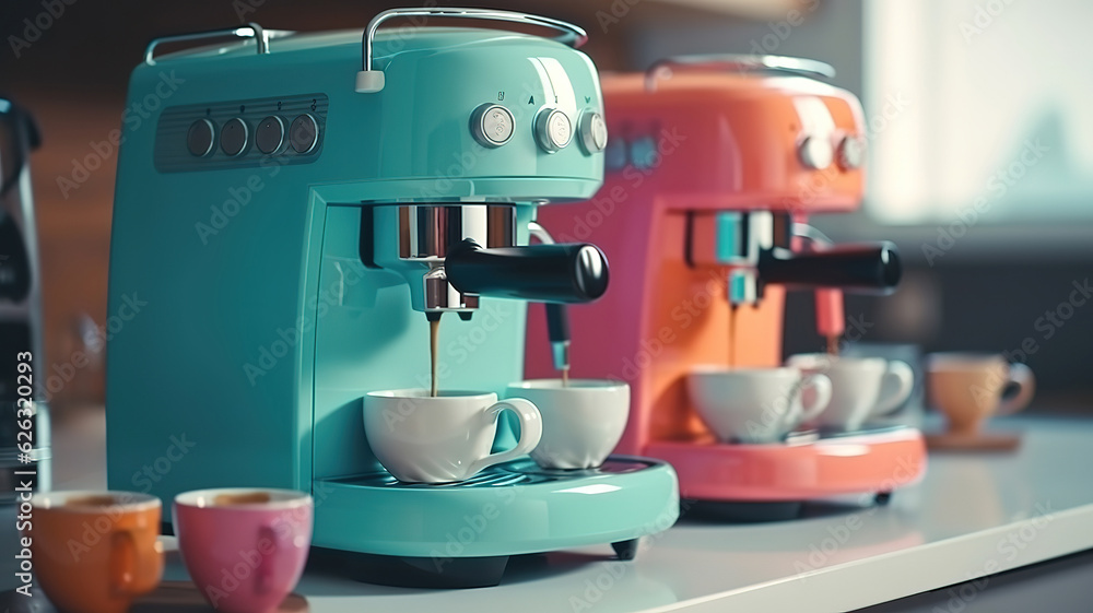 Wall mural coffee machine with cups for espresso on the kitchen table. generative ai