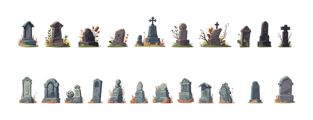 Tombstone set flat cartoon isolated on white background. Vector isometric  illustration