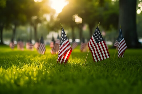 Memorial Day tribute. Many small American flags on a green lawn, neural network generated photorealistic image